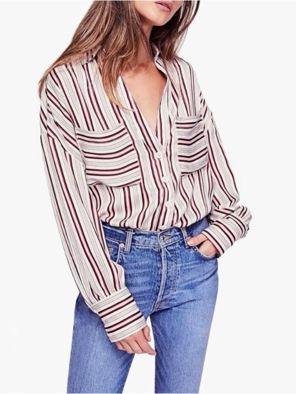 FREE PEOPLE Mad About You Button Up Shirt Stripe Red Black Gray Satin Large